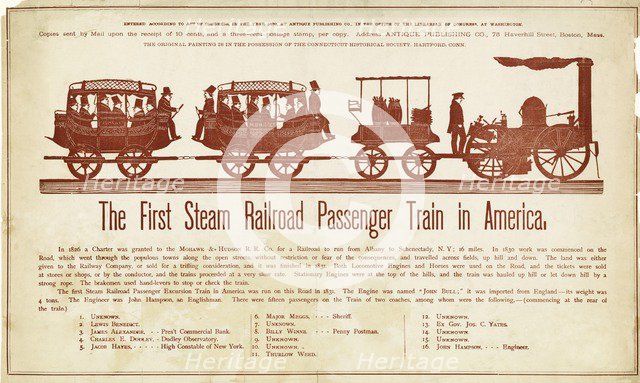 The First Steam Railroad Passenger Train in America, c.1870. 