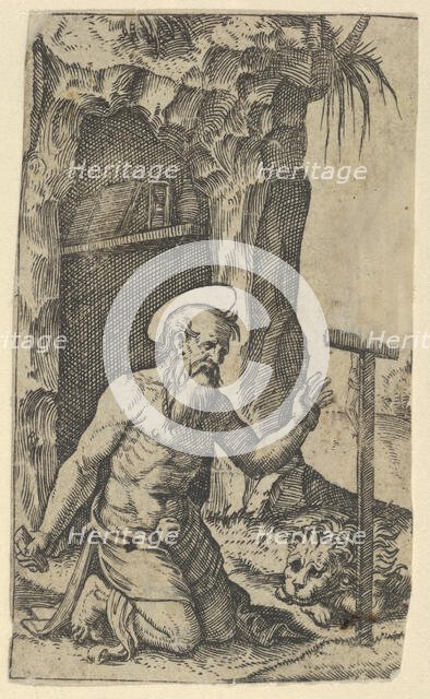 Saint Jerome kneeling before a crucifix, from the series 'Piccoli Santi' (Small S..., ca. 1500-1527. Creator: Marcantonio Raimondi.