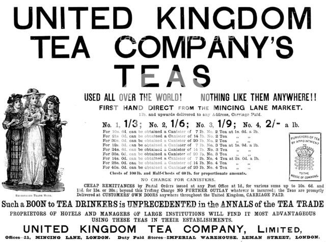 Advertisement for United Kingdom Tea Company’s Teas, 1890. Creator: Unknown.