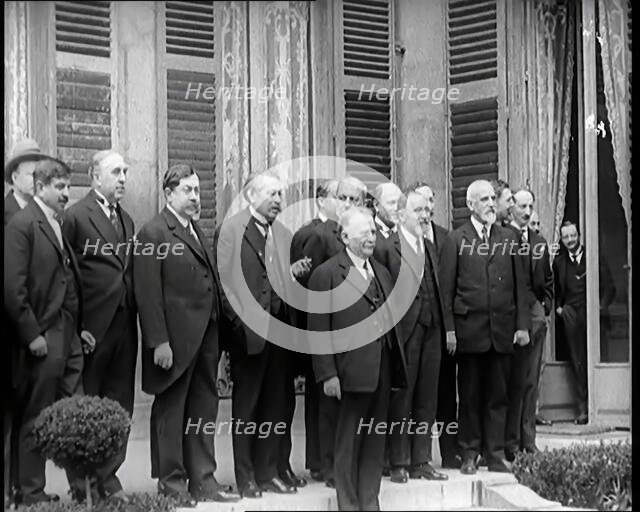 New French Government Standing Being Photographed, Filmed and Interviewed by Journalists, 1920s. Creator: British Pathe Ltd.
