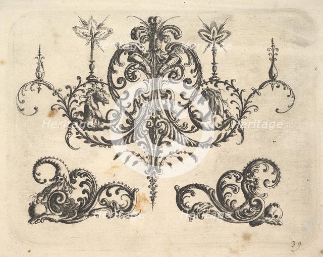 A fantastic chandelier with burning candles and arabesques, some ending in fantastic horse..., 1610. Creator: Christoph Jamnitzer.