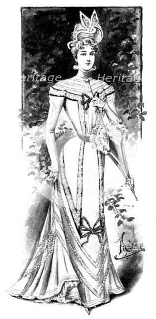 Ladies' Page: dress of white lawn trimmed with black velvet, 1898. Creator: Picador.