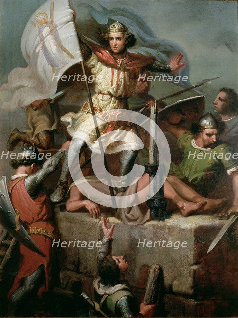 Ramon Berenguer III the Great (1082 - 1131) driving the flag of Barcelona in the tower of the cas…