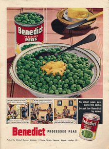 Advert for Benedict processed peas, 1951. Artist: Unknown