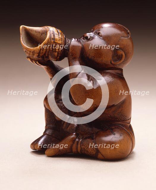Boy Sounding Conch Shell, Mid-19th century. Creator: Shunkosai Chogetsu.