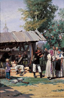 Russian Soldiers in a Country Village, 1877. Artist: Dmitriev-Orenburgsky, Nikolai Dmitrievich (1837-1898)