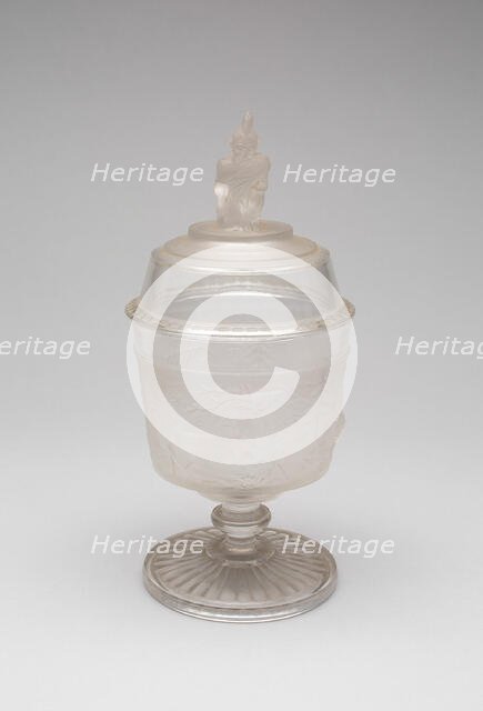 Westward Ho!/Pioneer pattern covered sugar bowl, c. 1876. Creator: Gillinder & Sons.