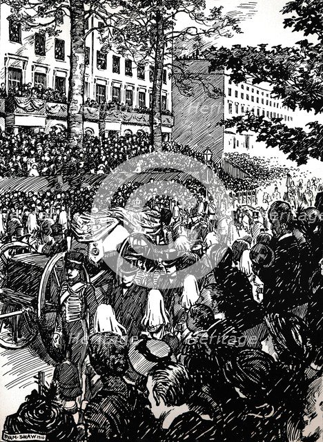 King Edward VII's last journey through London: the funeral cortege in Piccadilly, 1910 (1911). Creator: Byam Shaw.