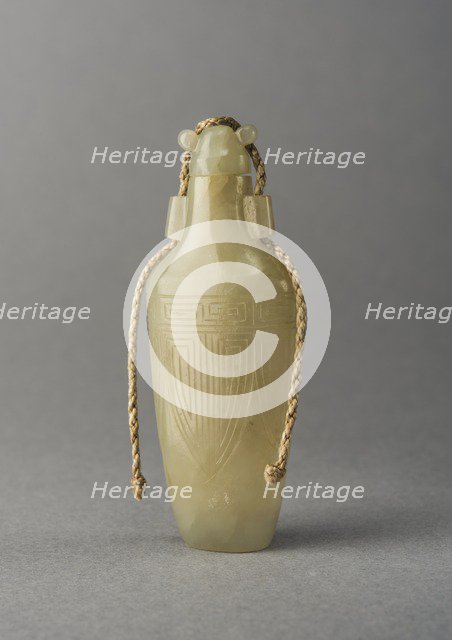 Pale Green jade snuff bottle with incised decoration, China, Qing dynasty, 1644-1911. Creator: Unknown.