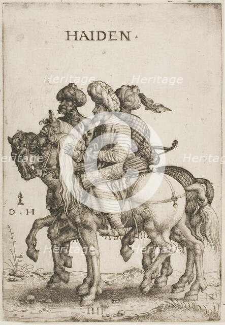 Three Turkish Soldiers (Cavalrymen), c. 1520. Creator: Daniel Hopfer.