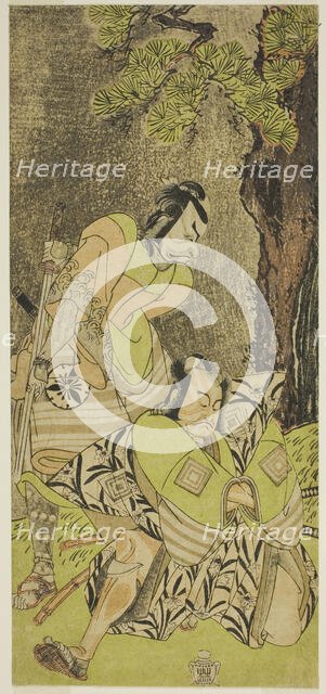 The Actors Ichikawa Danzo III as I no Hayata Tadazumi (right), and Matsumoto Koshiro II..., c. 1770. Creator: Shunsho.