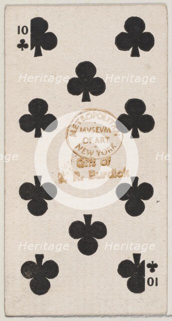 Ten Clubs (black), from the Playing Cards series (N84) for Duke brand cigarettes, 1888., 1888. Creator: Unknown.