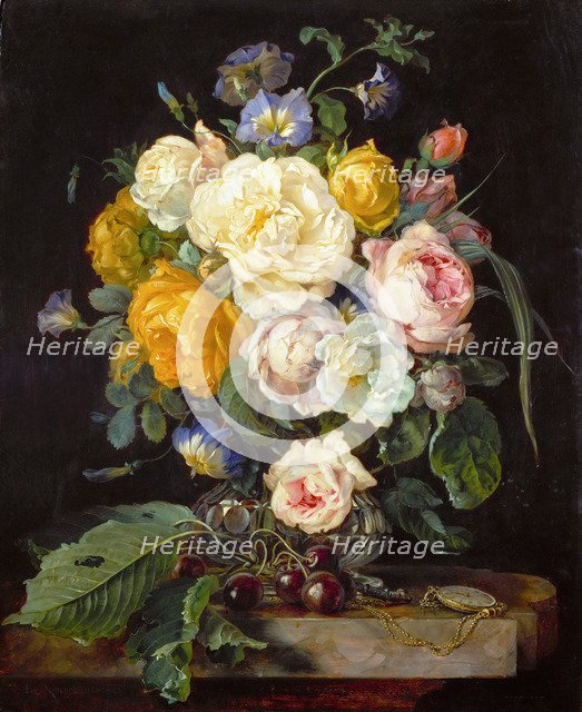 Still life with peonies, cherries and a pocket watch.