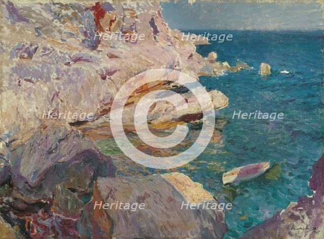 Rocks of Jávea and the white boat, 1905. Creator: Sorolla y Bastida, Joaquín (1863-1923).