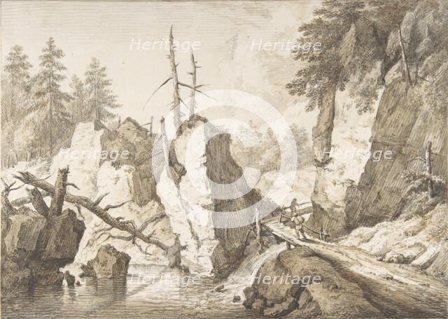 Swiss mountain landscape with small bridge spanning a brook, 1751-81. Creator: Franz Schutz.