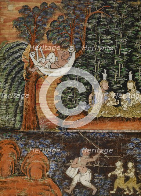 Vessantara Jataka, Chapter 11: Jujaka Treats Jali and Kanha Poorly; While Jujaka..., c1875-1925. Creator: Unknown.