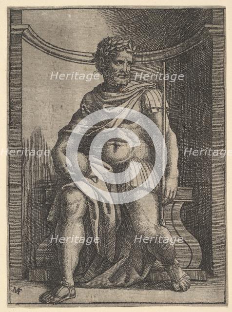 A Roman emperor sitting in a niche holding a globe and sceptre and looking to his..., ca. 1500-1534. Creator: Marcantonio Raimondi.