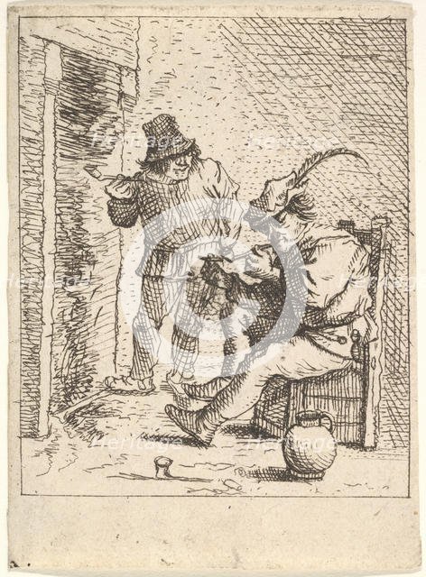 Two male peasants holding pipes before a fireplace, one seated with the pipe held..., After 1625-90. Creator: Unknown.