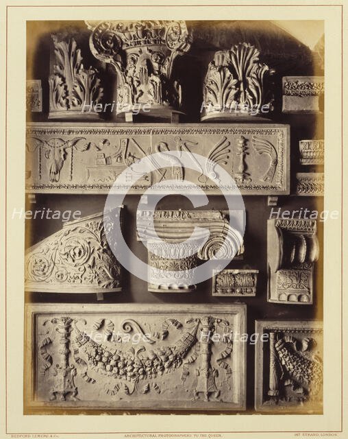Casts of frieze from temple of Neptune, Capitol, quadriga of Vatican, capital from..., 1876. Creator: Bedford Lemere and Company.