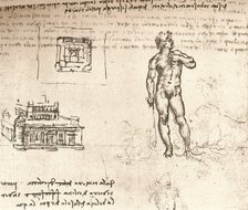 Drawing of plans for a castle, and of a nude figure, washed with Indian ink, c1472-c1519 (1883). Artist: Leonardo da Vinci.