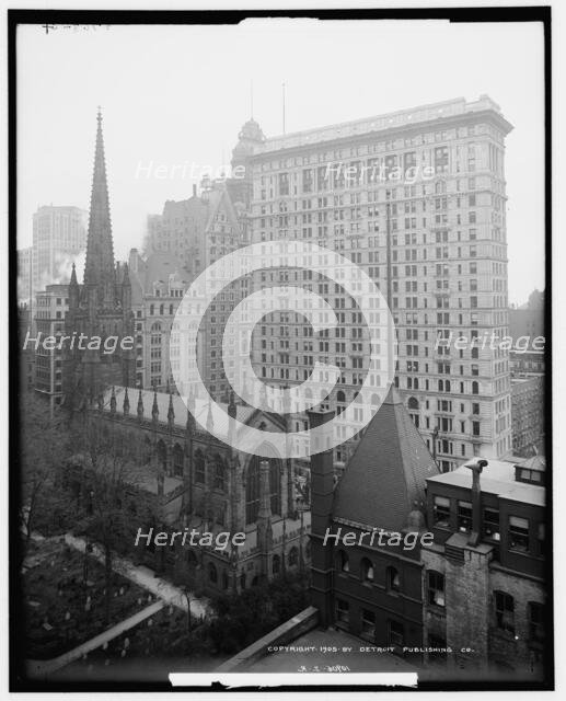 Sky scrapers overshadowing Trinity Church, New York, c1905. Creator: Unknown.
