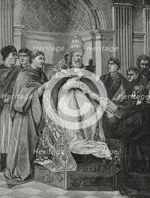 Pope Gregory IX, (1170-1241) receiving the Decretals compiled by Saint Raymond of Peñafort, 1877.  Creator: Jules Jean Marie Joseph Huyot.