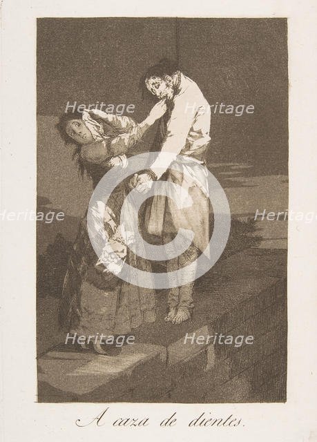 Plate 12 from 'Los Caprichos': Out hunting for teeth (A caza de dientes.), 1799. Creator: Francisco Goya.