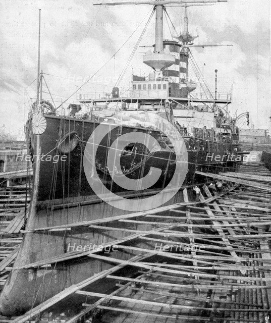 Japanese warship Mikasa at Portsmouth docks, England, 1904. Artist: Unknown