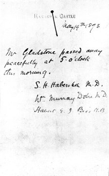 The Death of Mr. Gladstone: facsimile of the last bulletin issued, 1898. Creator: Unknown.