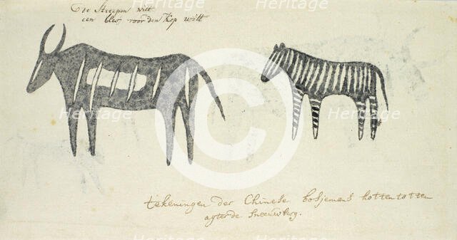 Copies after San rock-paintings of two animals, 1777. Creator: Robert Jacob Gordon.