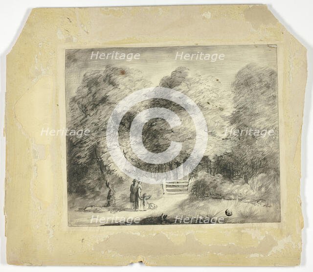 Couple with Child and Dog at Entrance to Park, n.d. Creator: Unknown.