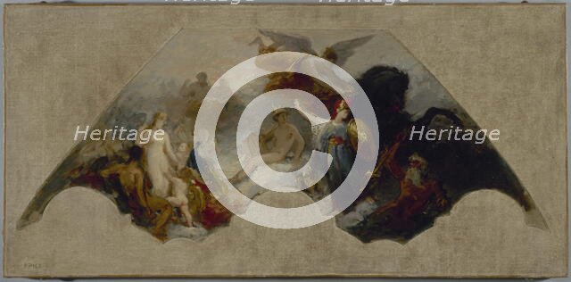 Minerva fighting Brute Force in front of reunited Olympus, c1872. Creator: Unknown.