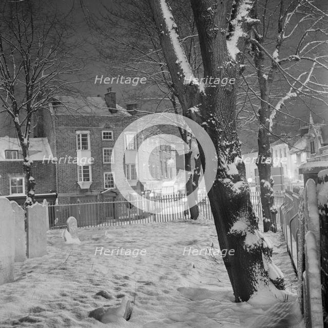The graveyard of Highgate School Chapel covered in snow, 1971. Creator: John Gay.