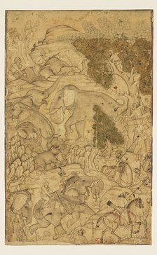Figures capturing wild elephants, late 16th century -early 17th century. Artist: Unknown.