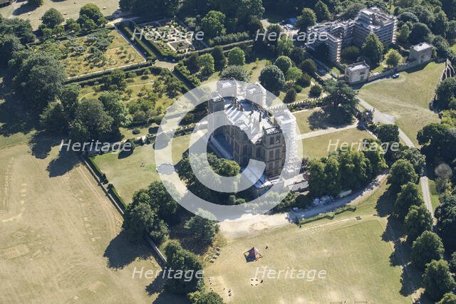 Hardwick New and Old Halls, both under scaffolding, and walled gardens, Derbyshire, 2022. Creator: Emma Trevarthen.