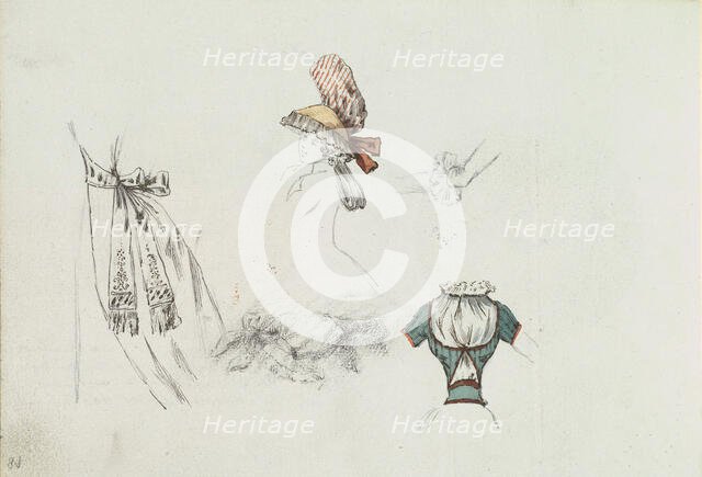 Costume Design Sketches including a Bouffant Skirt, Hat, and Bodice, ca. 1785-90. Creator: Anon.