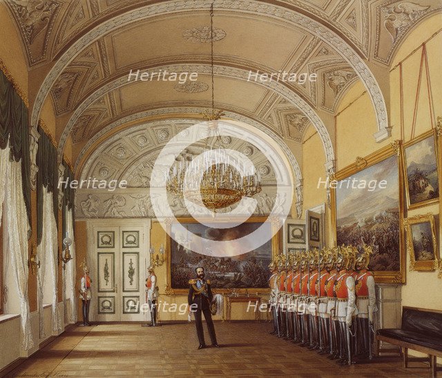 Interiors of the Winter Palace. The Guardroom, 1864. Artist: Hau, Eduard (1807-1887)