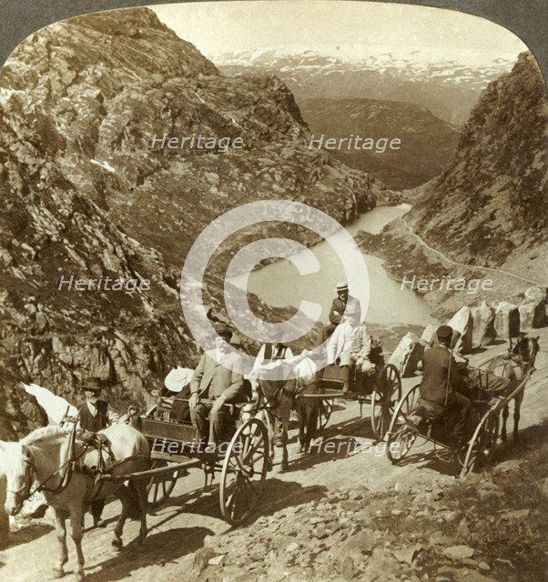 'Travellers on mountain road through wild ravine of Seljestad, Norway', c1905. Creator: Unknown.