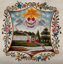 Two Sacred Hearts in a landscape, united by two doves, separated by an hour glass. Creator: Unknown.