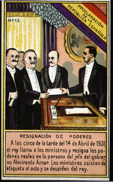 Proclamation of the Second Republic, resignation of Alphonse XIII royal powers to prime minister …