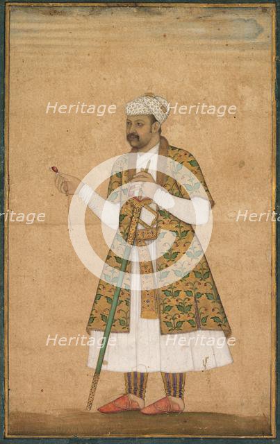A Courtier, Possibly Khan Alam, Holding a Spinel and a Deccan Sword, c. 1605-1610. Creator: Govardhan (Indian, active c.1596-1645), attributed to ; Abd al-Rahim, the Anbarin-Qalam (Indian, active c. 1590-1630).