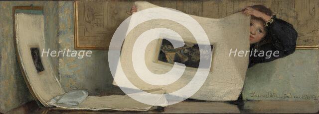 Anna Leafing Through a Portfolio of Prints, 1874. Creator: Laura Theresa Epps Alma-Tadema.