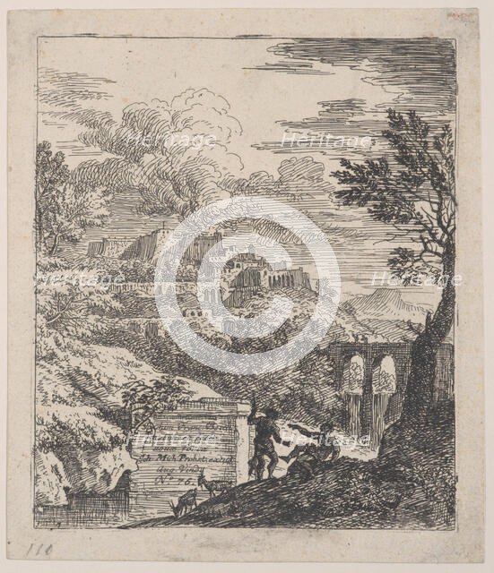 Two shepherds resting next to a pedestal, an aqueduct at right in the background, a..., ca. 1700-25. Creator: Franz Joachim Beich.