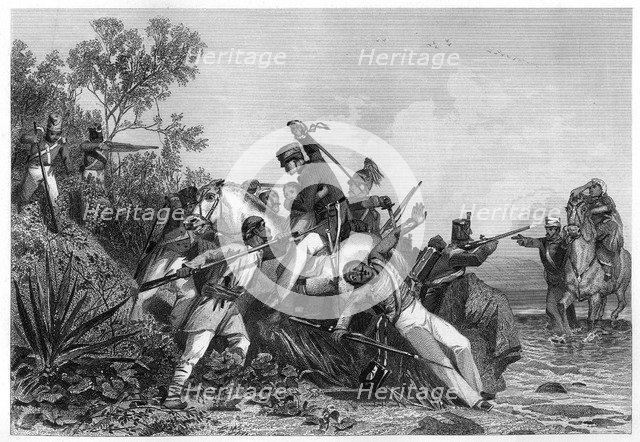 'Fugitive British officers and their families attacked by mutineers', 1857, (c1860). Artist: Unknown