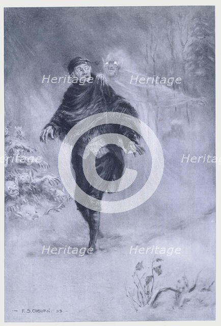 Ichabod Crane imagining a phantom at his shoulder, 1899.  Creator: Frederick Simpson Coburn.