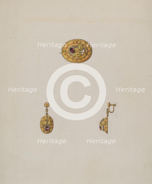Pin and Earring Set, c. 1936. Creator: Bertha Semple.