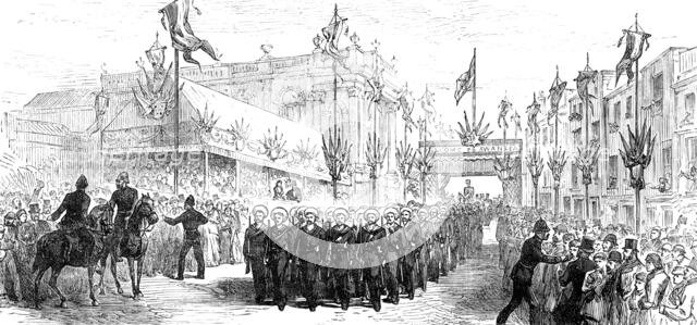 The Royal Visit to Swansea: the march past of volunteers at the Townhall, 1881. Creator: Unknown.