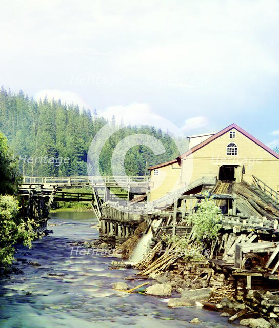 Sawmill on the Kumsa River near the Medvezhia Gora Station, 1915. Creator: Sergey Mikhaylovich Prokudin-Gorsky.