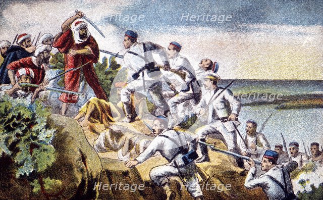 Morocco's War (1909-1913), combat and occupation of the Atalayon, drawing of the time.