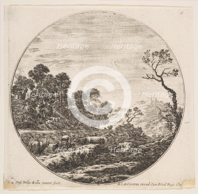 Plate 6: cows crossing a valley at left, a horseman and other cows in the background..., ca. 1646. Creator: Stefano della Bella.